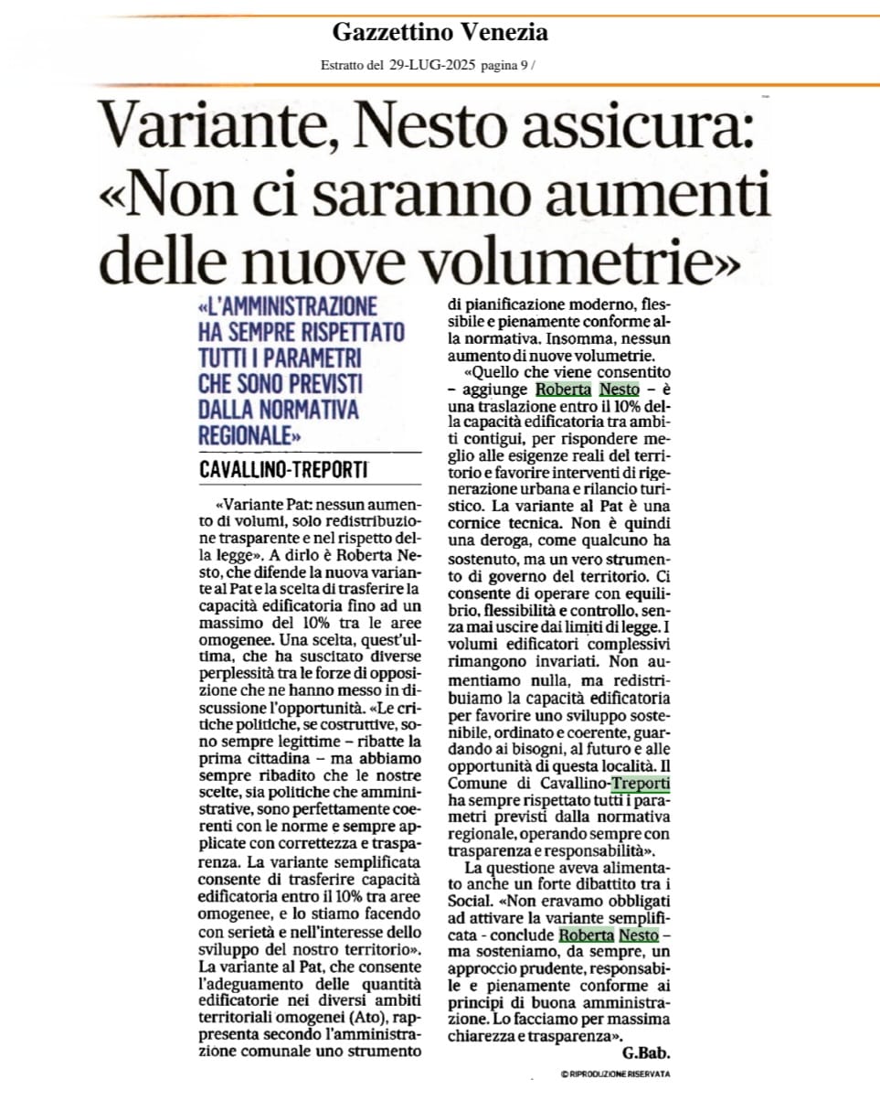 VARIANTE PAT: NESSUN AUMENTO DI VOLUMI, SOLO REDISTRIBUZIONE RESPONSABILE E TRASPARENTE, NEL RISPETTO DELLA LEGGE